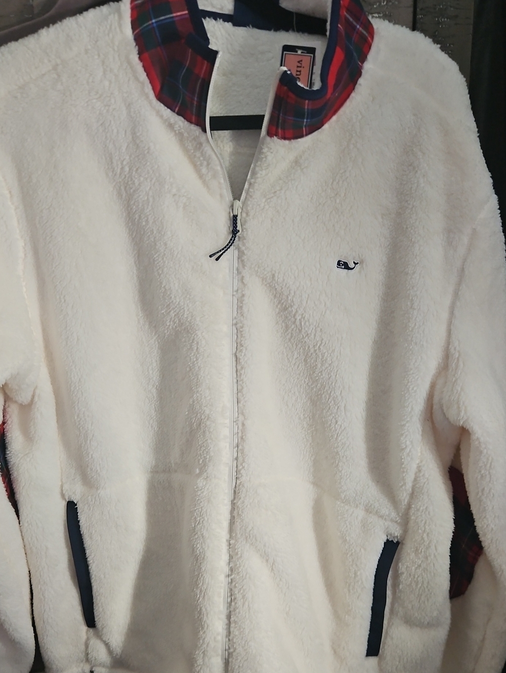 Vineyard Vines Cream Sherpa Zip Jacket with Plaid Trim Defect On Back.